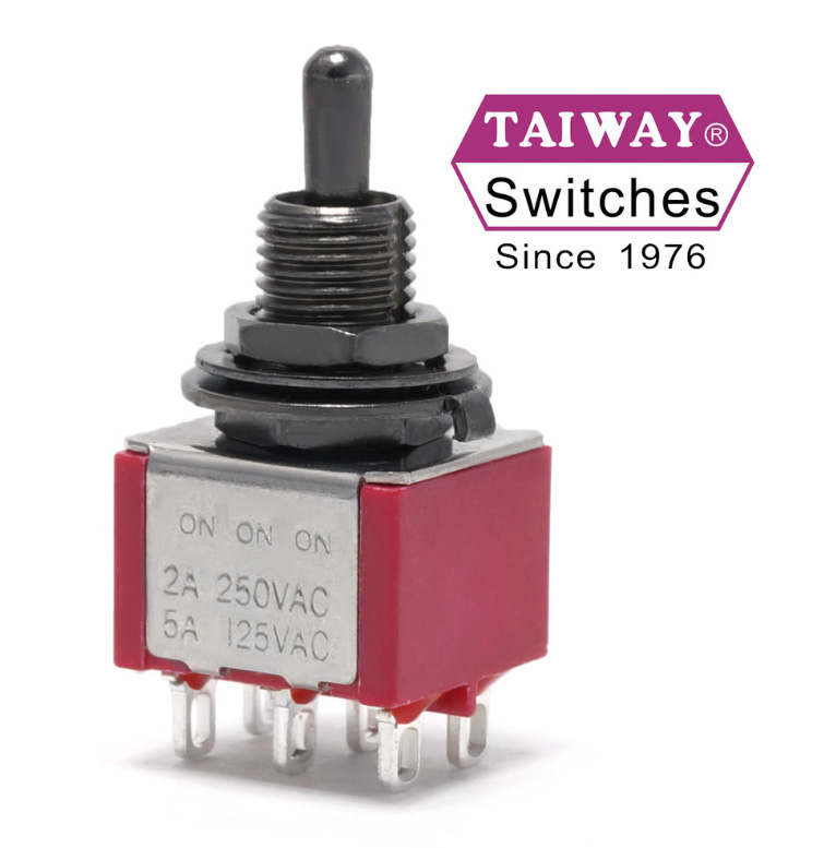 Taiway DPDT On On On Switch - Solder Lug - Short Shaft - Black Plated